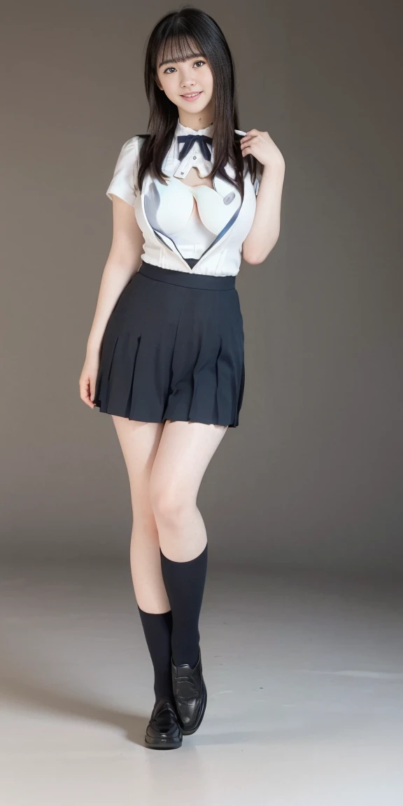 Japanese women, (smile:1.05),Browsing Caution、8K,Highest quality, masterpiece, Very detailed, 超High resolution, Realistic, RAW Photos, , Absolute Resolution, Complete limbs、Complete Anatomy、Perfect beautiful skin、cute女の子1人,cute女の子 、(smile:1.2)、ta Girl、(school uniform:1.3)、(A thin, sleeveless white shirt:1.1)、((((If you raise your right hand above your head, you can see your armpit.))))、((((左手でPleated skirtを掴んで捲るとWhite pantiesが確認できる))))、Accentuate your thighs、cute女の子、 Japanese Girls、(Bright room:1.2)、Mix 4, (16K, Raw photo, Full body view from knee to head、Best image quality, masterpiece: 1.45), (Realisticな, Photorealistic: 1.37 Two Girls, cute, Professional Lighting, Photon Mapping, Bright room, Physically Based Rendering, Dark brown long bob hair,Beautiful, well-groomed eyes、double eyelid、With a girl, (((A sleeveless white shirt worn by a Japanese high school girl、Pleated skirt、Dark blue short socks、loafers))), Highest qualityの写真, High resolution, 1080P, (Clear Face), (Detailed face description), (Detailed hand description), (masterpiece), masterpiece、Rich details、(Beautiful Faces)、(Highest qualityの写真)、(Detailed eyes)、 in front of you、Thin clavicle、((Slim and large))、(((A thin sleeveless shirt allows the bra to be seen through)))、((Pure Idol))、((Bright roomで立っている))、(A shot of a girl looking up from below)、(((((White panties))))),smile、Draw the whole body、No nasolabial folds、(((Large firm breasts:1.2)))、Firm big ass、Two arms and two legs、(((from the front:0.4)))、bare hands、Symmetrical eyes