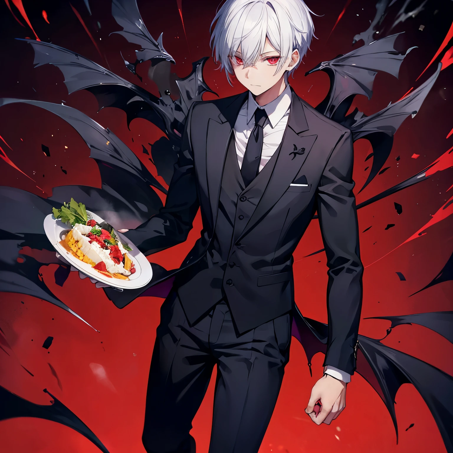 demon butler brings food, Strict black suit, Red eyes