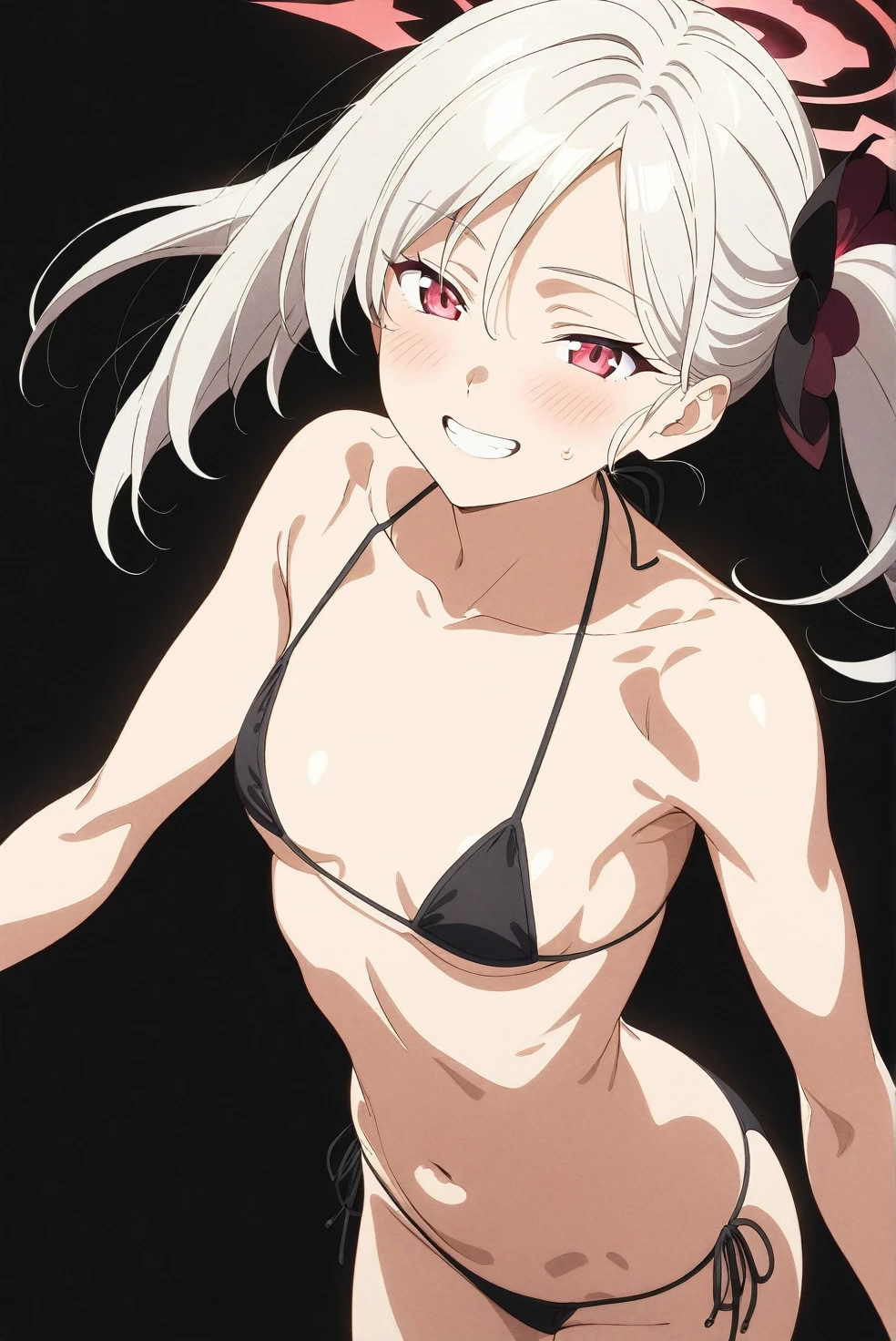 best quality, amazing quality, very aesthetic, absurdres, (1girl, mutsuki, blue archive, solo, red eyes, white hair, side ponytail), (artist official art:1.5), (realistic face:0.7), (grin, lowleg bikini, ), (cowboy shot), (glowing eyes:1.3), (half closed eyes:0.9), (thigh), expressive eyes, perfect face, 4k, extremely detailed anime illustration, extremely detailed eyes, enhanced details, perfect anatomy, light rays, extremely delicate body, smooth skin, (gray background:1.5), clear eyes, beautiful face, small breasts, (Chiaroscuro:1.5),  (highres:2), cinematic
