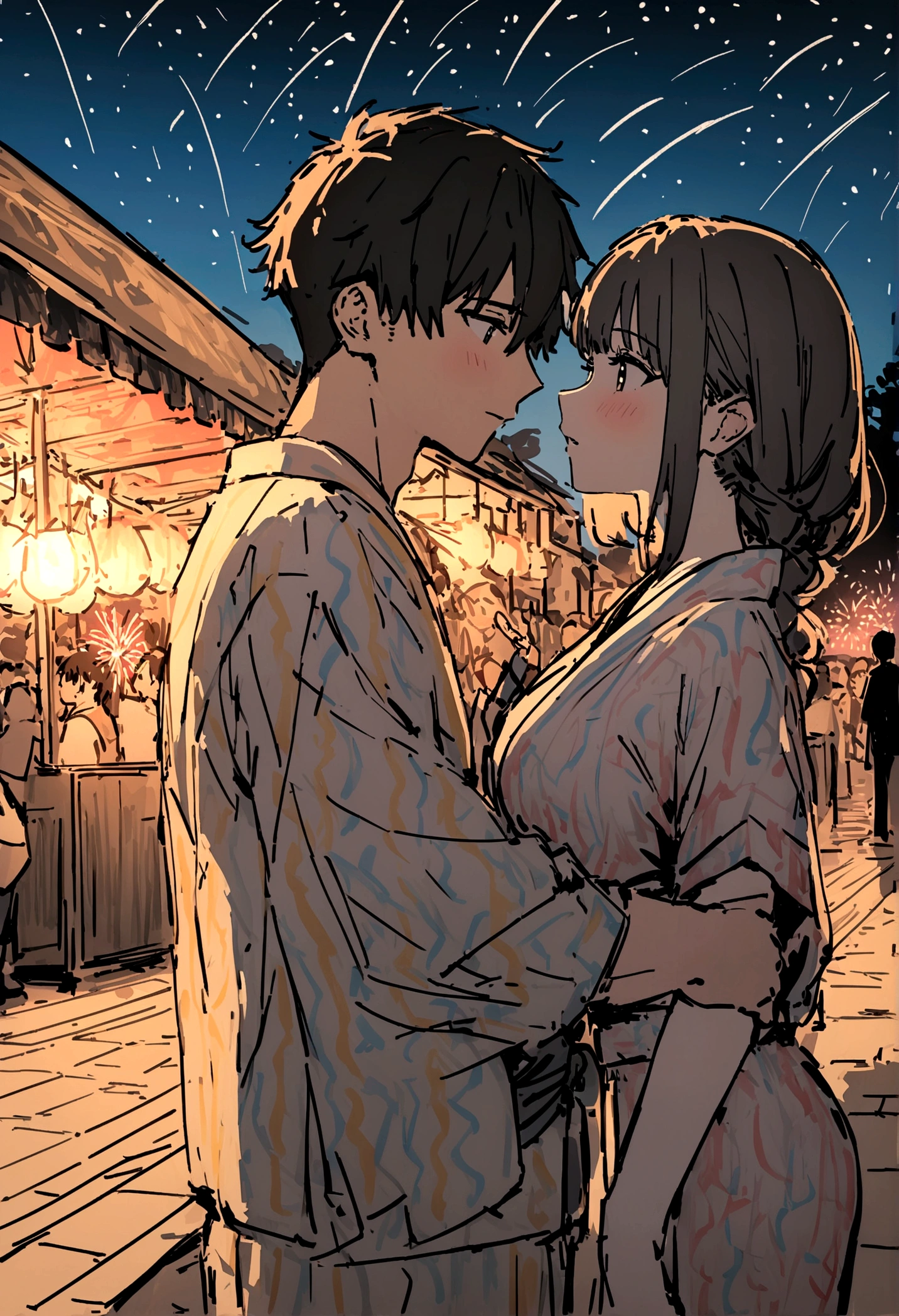 masterpiece,最high quality,Very detailed,High resolutionの背景,8K,High resolution,high quality,break,School,high school student,Summer festival,Male and female couple,yukata,firework,Japanese manga style, sketch, Colored pencil