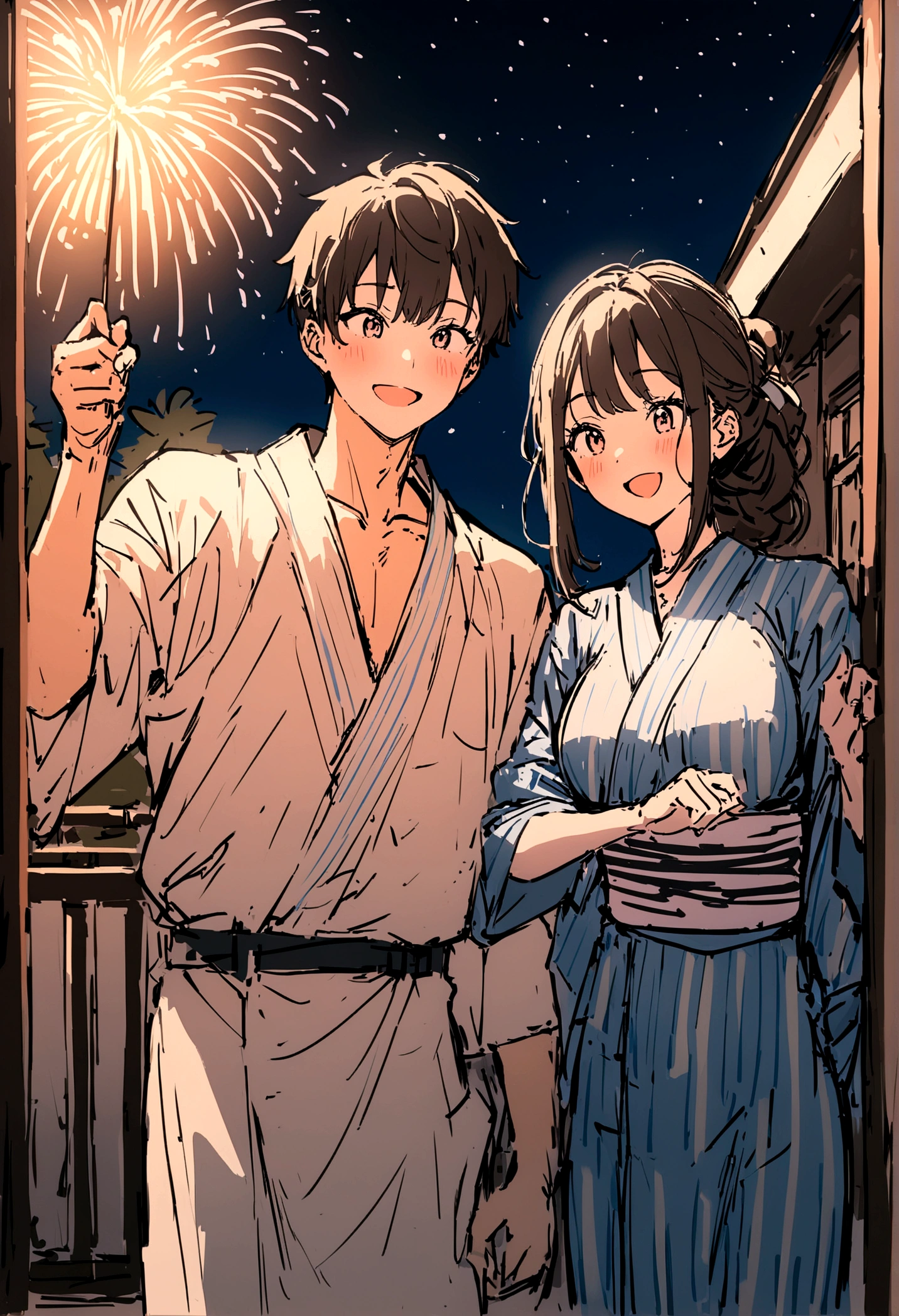 masterpiece,最high quality,Very detailed,High resolutionの背景,8K,High resolution,high quality,break,School,high school student,Summer festival,Male and female couple,yukata,firework,Japanese manga style, sketch, Colored pencil