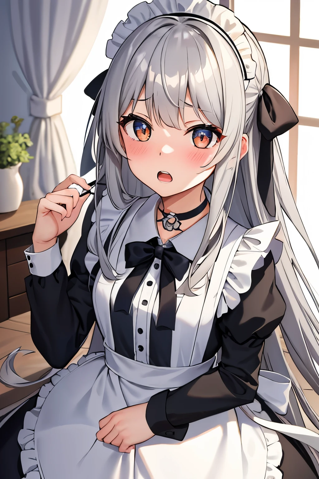 {{{masterpiece}}}, {{{Highest quality}}}, {{Super detailed}}, {beautiful, 細かいeye}, One girl, alone, ((Gray Hair)), Very long hair, 青いeye, (Straight hair), (bangs), choker, Ahoge, tooth, (Blue X Hairpin), (Cute maid outfit), Shocked, beautiful,eye, Surprised face, Open Mouth, Looking up,