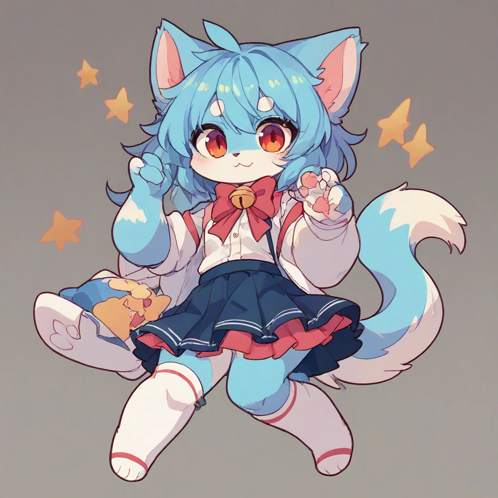 furry, knee-high socks, light blue hair, , hair, cat ears, girl, cute, cat girl, Skirt, furry, fluffy,