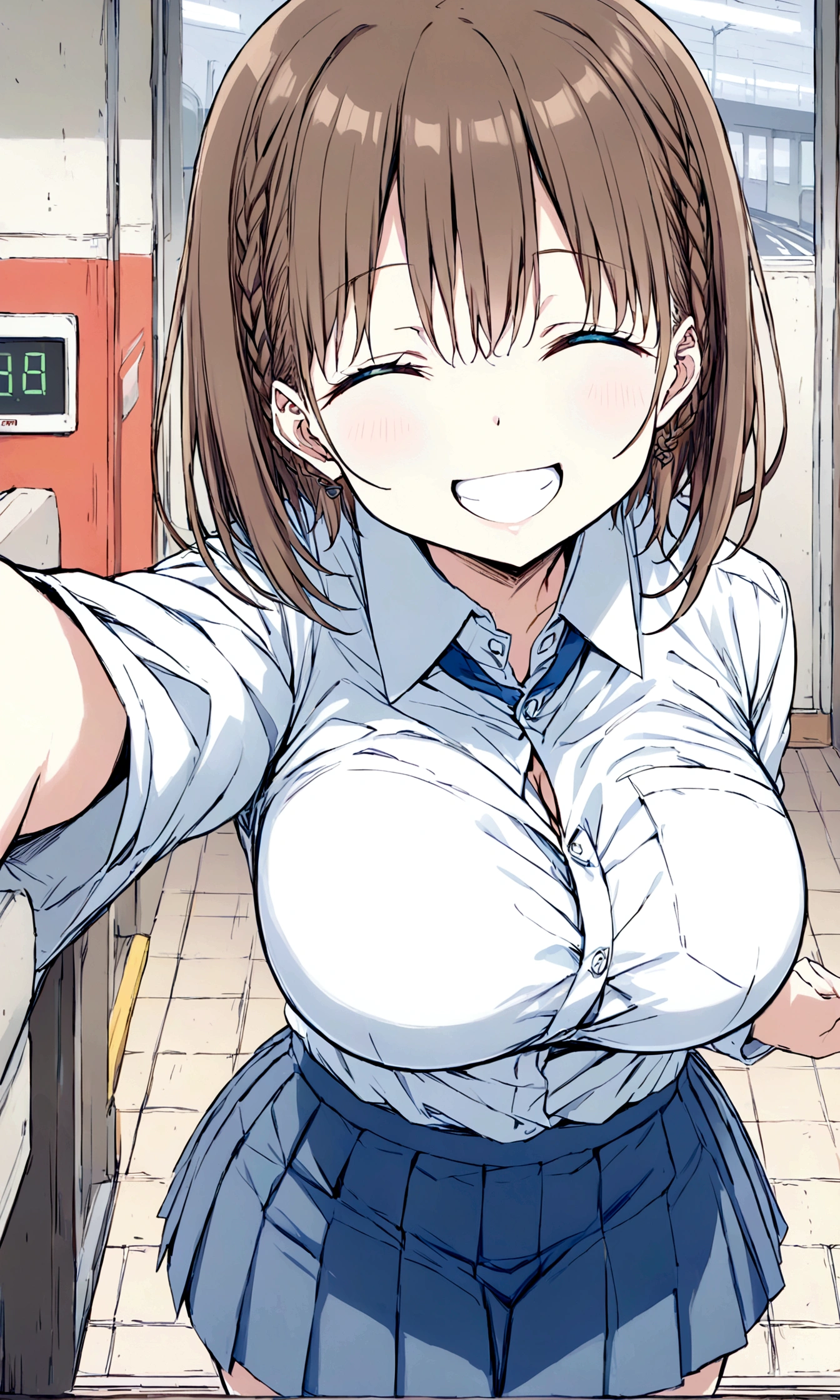 Tawawa on Monday,Ai-chan,Big Breasts,cleavage cutout,high school girl,source_アニメ, 1girl, solo,whole body,brown hair, cyan eyes, braid, white shirt, collared shirt, pleated skirt, blue skirt, large breasts, looking at you,big smile,happy ,closed eyes, station,hentai,finely detailed beautiful face,high quality,アニメ,beautiful,High resolution,アニメ color,{{{{8K_wallpaper}}}},{{{masterpiece}}},{{{{extremely detailed eyes}}}},{{{{extremely detailed body}}}},{{{{extremely detailed finger}}}}