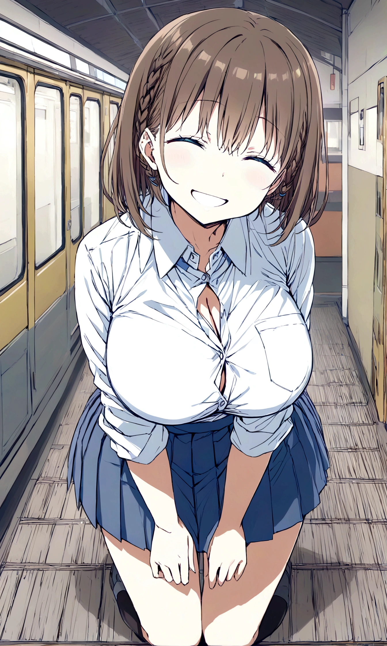 Tawawa on Monday,Ai-chan,Big Breasts,cleavage cutout,high school girl,source_アニメ, 1girl, solo,whole body,brown hair, cyan eyes, braid, white shirt, collared shirt, pleated skirt, blue skirt, large breasts, looking at you,big smile,happy ,closed eyes, station,hentai,finely detailed beautiful face,high quality,アニメ,beautiful,High resolution,アニメ color,{{{{8K_wallpaper}}}},{{{masterpiece}}},{{{{extremely detailed eyes}}}},{{{{extremely detailed body}}}},{{{{extremely detailed finger}}}}