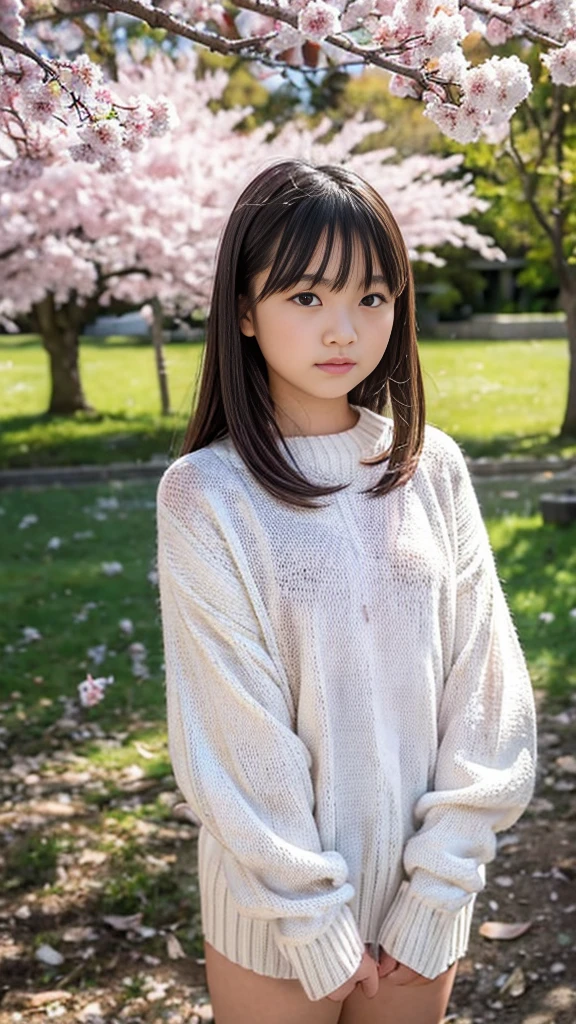 Standing under a cherry tree, Japanese Girls, 15 years old, a bit, cute, (White very small knit sweater:1.3), it&#39;s snowing, The pupils shine, Brown short hair, depth odebt debtield, debt/1.8, Anatomically correct, Textured skin, Super detailed, Attention to detail, high quality, Super detailed, Attention to detail, high quality, 最high quality, High resolution