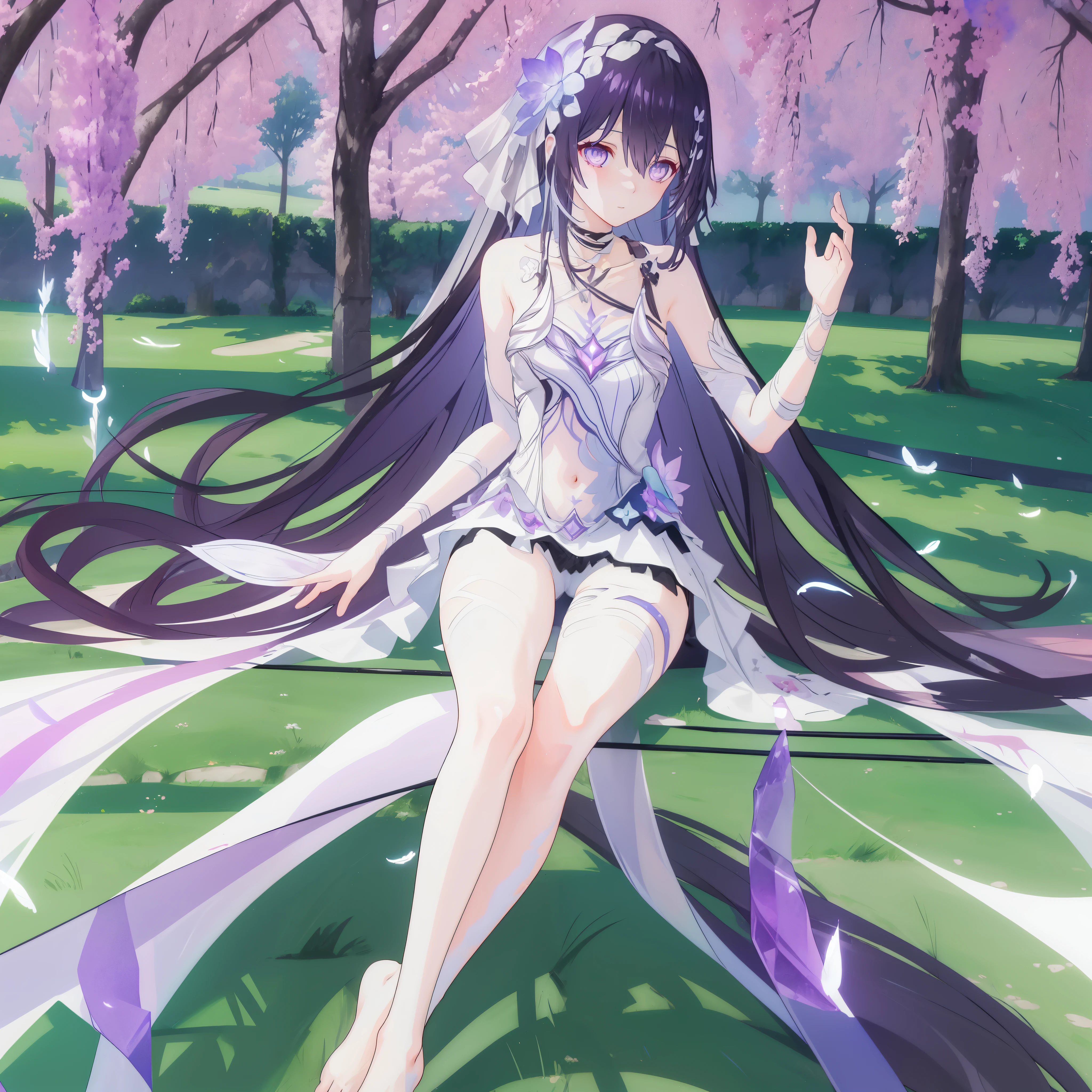 ((A far view)) of a anime girl, (sitting on a grassfield), cinematic light, slim body with curves, skin perfectly white, soft, and smooth, Extremely delicate and beautiful CG illustration, best quality, high resolution, dynamic angle, full-length lens, (1 girl), soft light, high-key lighting), glowing light, purple aura, feathers fluttering background, purple crystal, black long hair, barefoot