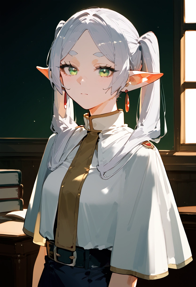 anime artwork, score_9, score_8_up, score_7_up, score_6_up, score_5_up, score_4_up,frieren, 1girl, green eyes, grey hair, twintails, pointy ears, eyebrows, earrings \\\\\\ \\\\\ ,capelet
