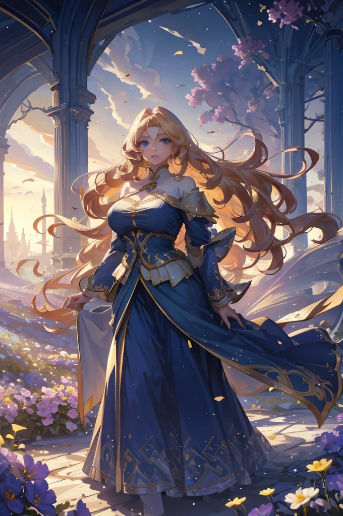 (very delicate, Masterpiece, Excellent lighting and shadows, HD wallpaper 8K), woman, white skin, plump lips, Big eyes, big breasts, wide hips, golden hair, Long hair with curls at the ends, blue eyes, gentle, long dress, The cloth was blown away by the wind.., In the middle of a field of flowers, holding a bouquet.