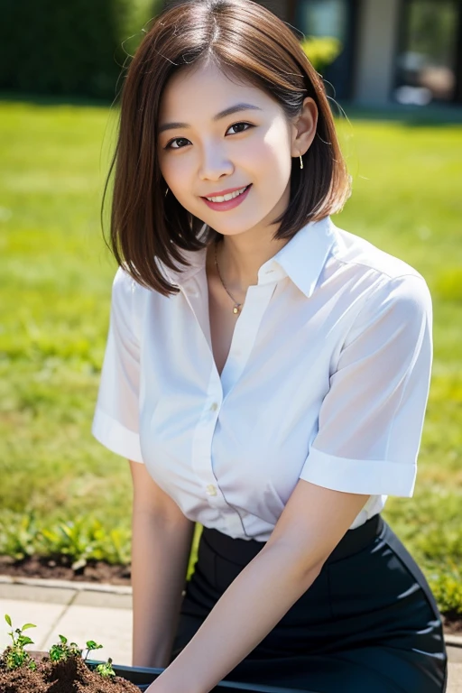 (A beautiful Japanese office lady, age 28, wearing formal White shirt with buttons & lime pencil skirt, planting trees during morning dawn, friendly and feminine expressions, kind smile, dimpled chins, cute snaggle-tooth, short bob hair ponytail, symmetrical face, realistic detailed face, beautiful detailed eyes, perfect body proportions, ample round bosoms, photorealistic, hyper-realism, high contrast, ultra HD, realistic skin textures, top image quality, top-quality, super high resolution, fine details, very meticulously, masterpiece, head to knees, serene ambience, High Angle Shot, bokeh background) #Cici #CiciAi #TeamPositivity