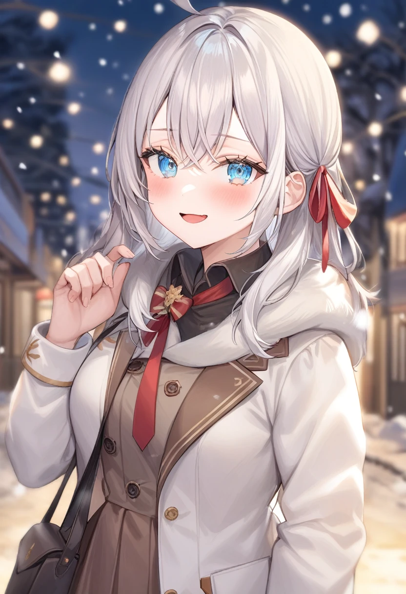 One girl, Alisa Mikhailovna Kujo,Tomorrow, my friend, Arya-san, will be visiting Russia.,alone, Long Hair, Eyebrows visible through hair, Hair between the eyes, Silver Hair, Hair Ribbon, blue eyes, Medium chest, ,Long sleeve, Jacket,
View your viewers,
Highest quality, so beautiful, Snowing street