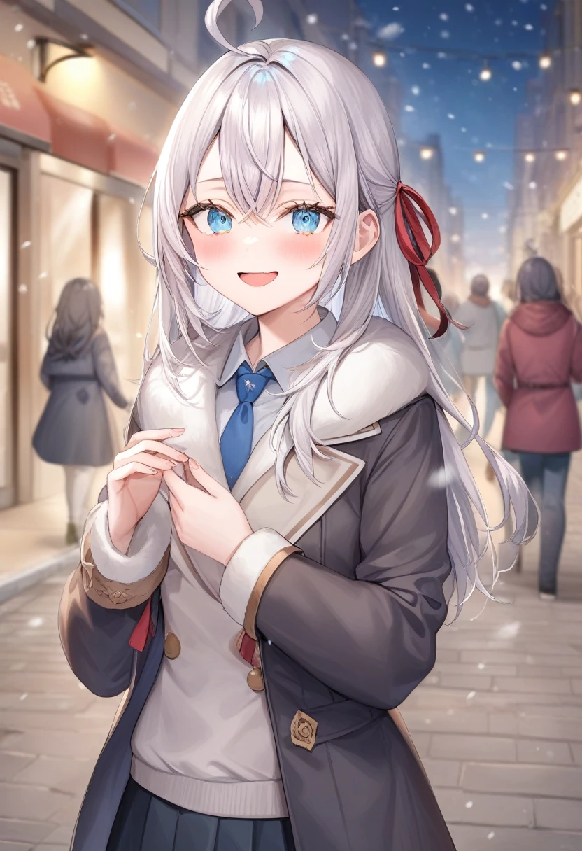 One girl, Alisa Mikhailovna Kujo,Tomorrow, my friend, Arya-san, will be visiting Russia.,alone, Long Hair, Eyebrows visible through hair, Hair between the eyes, Silver Hair, Hair Ribbon, blue eyes, Medium chest, ,Long sleeve, Jacket,
View your viewers,
Highest quality, so beautiful, Snowing street