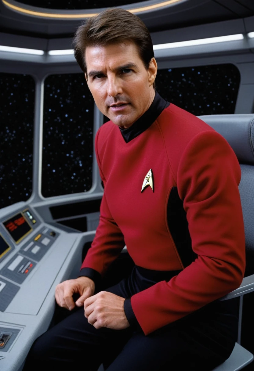 Wide angle view, full image, Tom Cruise, ein Mann in roter star trek-Uniform, on the bridge of the Enterprise, DS9ST UNIFORM, star trek, on the bridge of the Enterprise, sits on the captain&#39;s chair, Fantasy planet, futuristic spaceships, ((perfect eyes, detailled eyes,realistic eyes)), ((sharp face, detailed face, realistic face, natural skin, realistic skin, detailed skin, pores)), panorama view