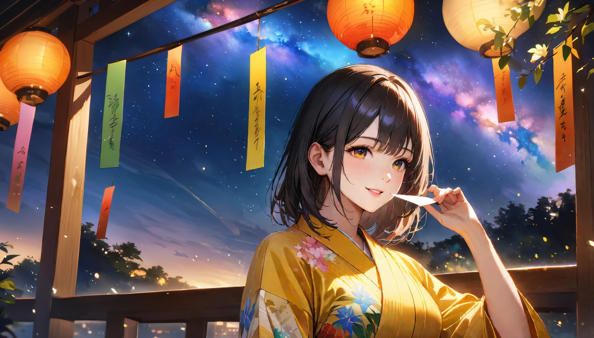 Tanabata,night, milky way,Yukata, Hold a paper strip in one hand,Looking at the sky,Blur the background,high school girl,smile,Glitter effect,Highest quality, 8K, High resolution, masterpiece:1.2, Very detailed, Realistic:1.37, High resolution, 超High resolution, Ultra-fine painting, Very detailed, Professional, Vibrant colors