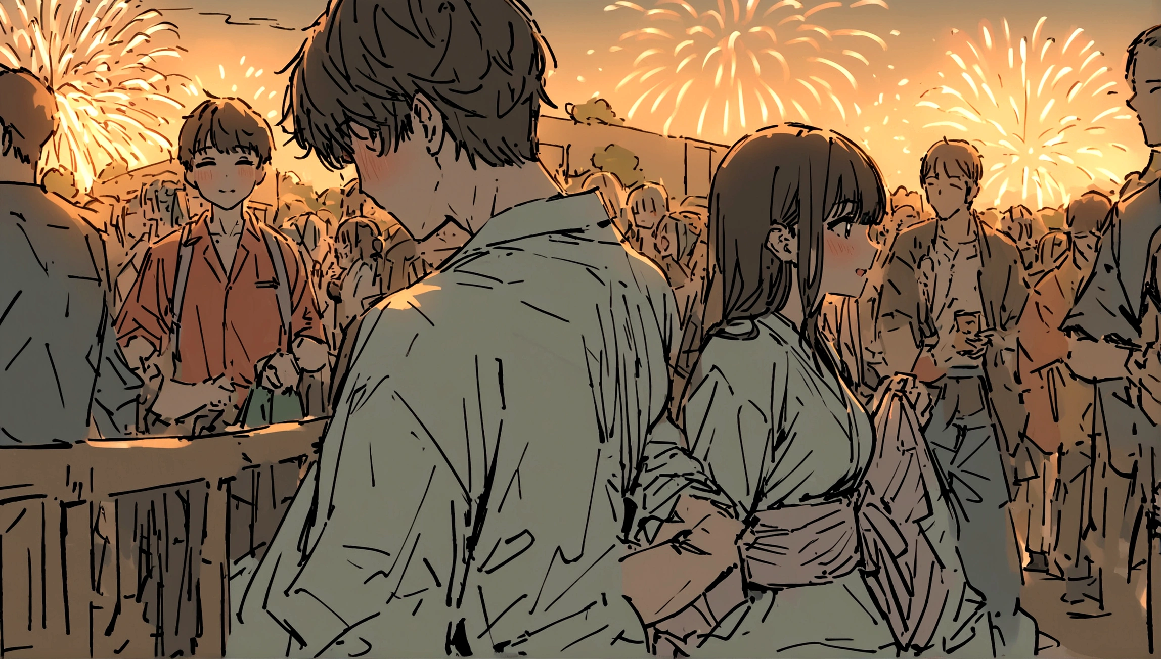 masterpiece,最high quality,Very detailed,High resolutionの背景,8K,High resolution,high quality,break,School,high school student,Summer festival,Male and female couple,yukata,firework,Japanese manga style, sketch, Colored pencil