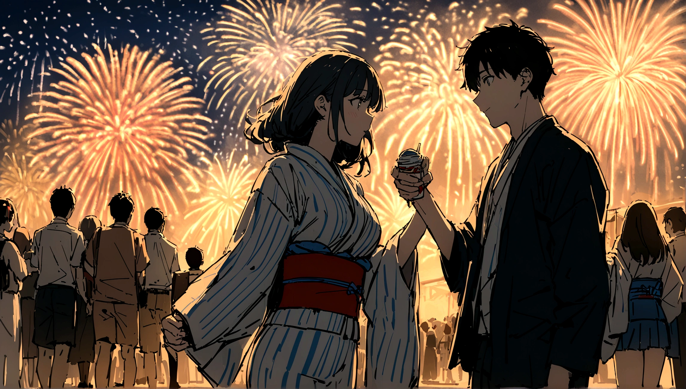 masterpiece,最high quality,Very detailed,High resolutionの背景,8K,High resolution,high quality,break,School,high school student,Summer festival,Male and female couple,yukata,firework,Japanese manga style, sketch, Colored pencil