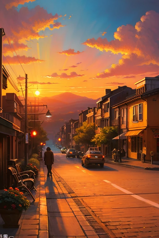 Highest quality、Landscape painting、Streetscape、Sunset、orange、Looking back