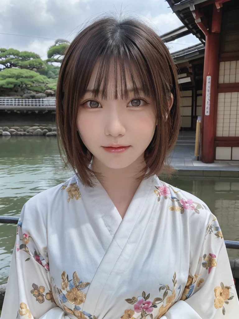 One Girl, (Beautiful girl, Delicate girl:1.3), (16 years old:1.3),
break, (Kyoto, Kiyomizu temple, Large panorama:1.2),
break, (White floral kimono:1.3),
break, Very beautiful eyes, (Symmetrical eyes:1.3),
break, Small breasts, Brown eyes, Parted bangs, Brown Hair, (Upper teeth, The best smile:0.2),
break, (Eyes and facial details:1.0),
break, (masterpiece, highest quality, Super detailed, Detailed face, 8k)