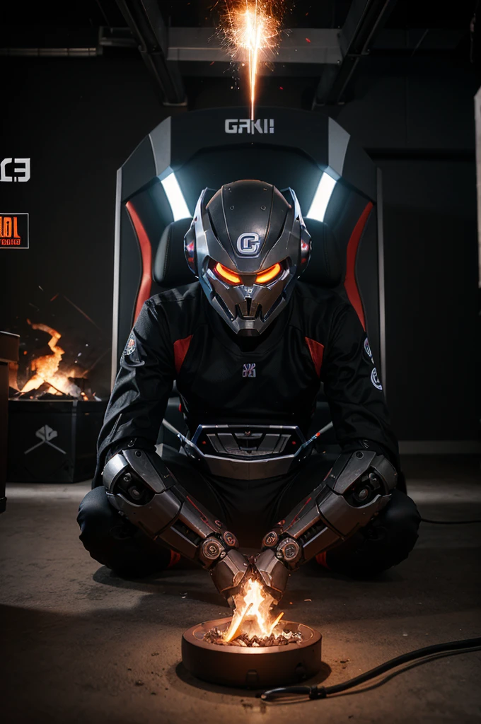 Esports logo with robot symbol and fire effect with writing "gg"