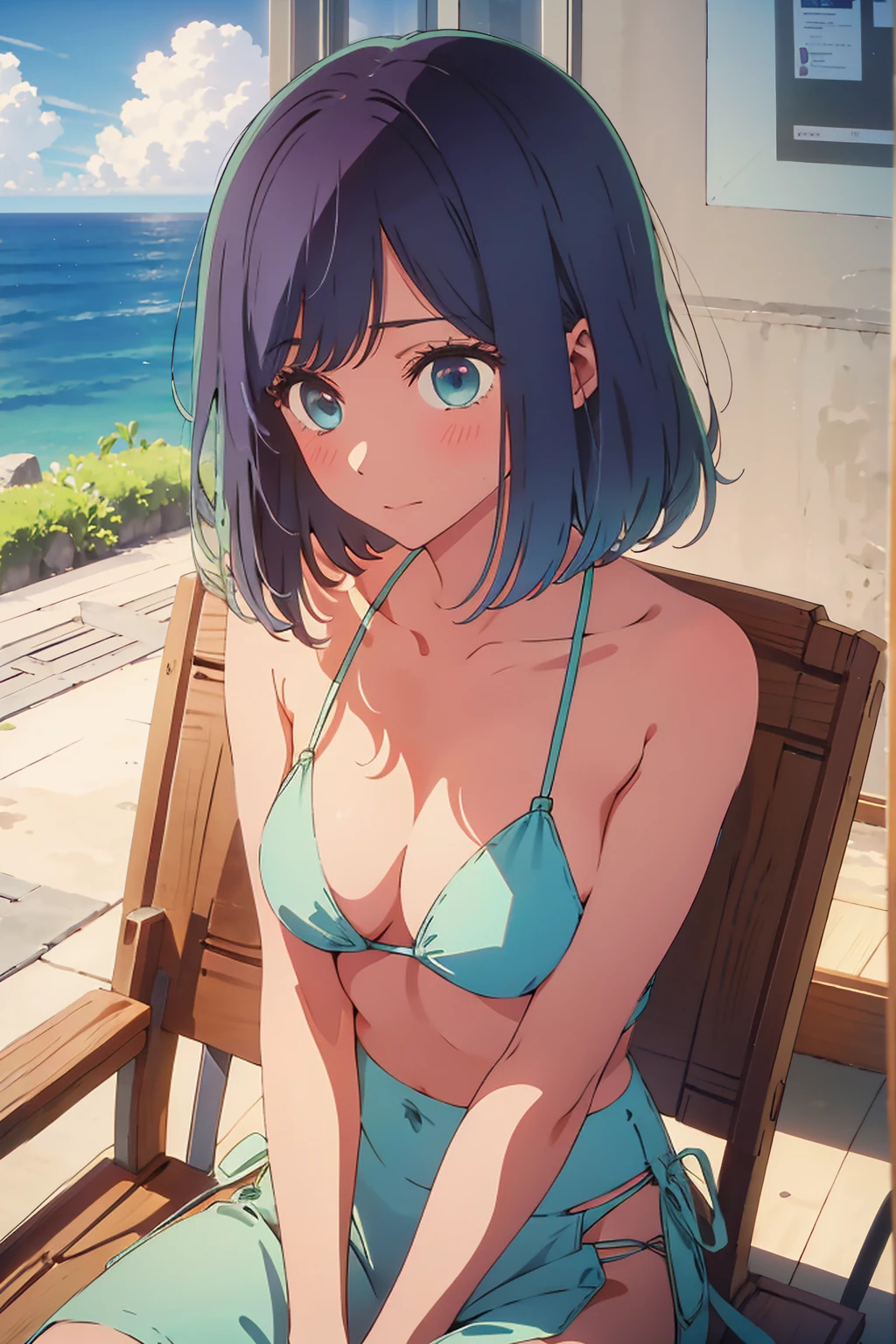 (Highest quality:1.4、masterpiece:1.4、Super detailed:1.4、8K:1.4)、((((1 person、Surprised expression、sit、juice、Maldives、juiceのグラスを持つ、Big eyes、Plain Bikini、The depth of the written world、Very soft boobs、Very cute face))))、F cup bust、Medium breast