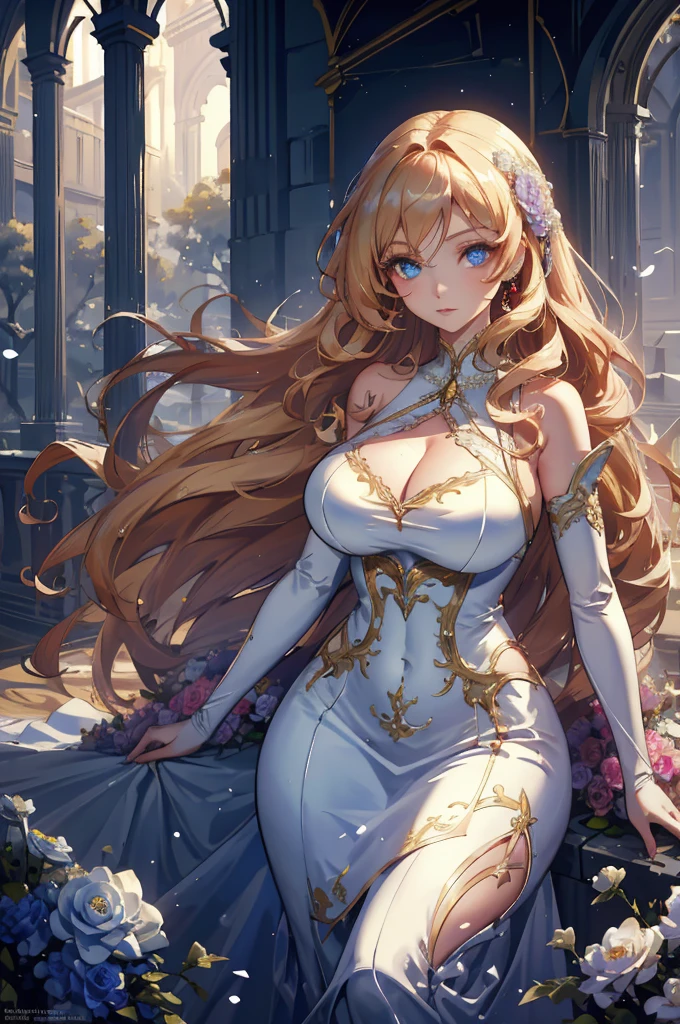 (very delicate, Masterpiece, Excellent lighting and shadows, HD wallpaper 8K), woman, white skin, plump lips, Big eyes, big breasts, wide hips, golden hair, Long hair with curls at the ends, blue eyes, gentle, wedding dress, The cloth was blown away by the wind.., In the middle of a field of flowers, holding a bouquet.
