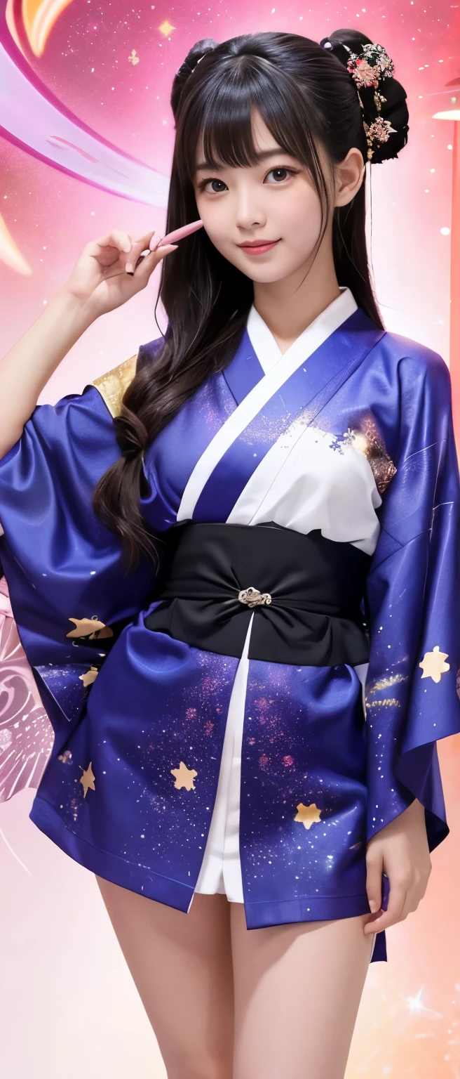 Cute and mysterious idol samurai girl、whole body、Good style、、、、、、、、、、Thick legs、、Galaxy pattern mini kimono、Neat and clean idol face、、Starry Sky、Has a star spear
