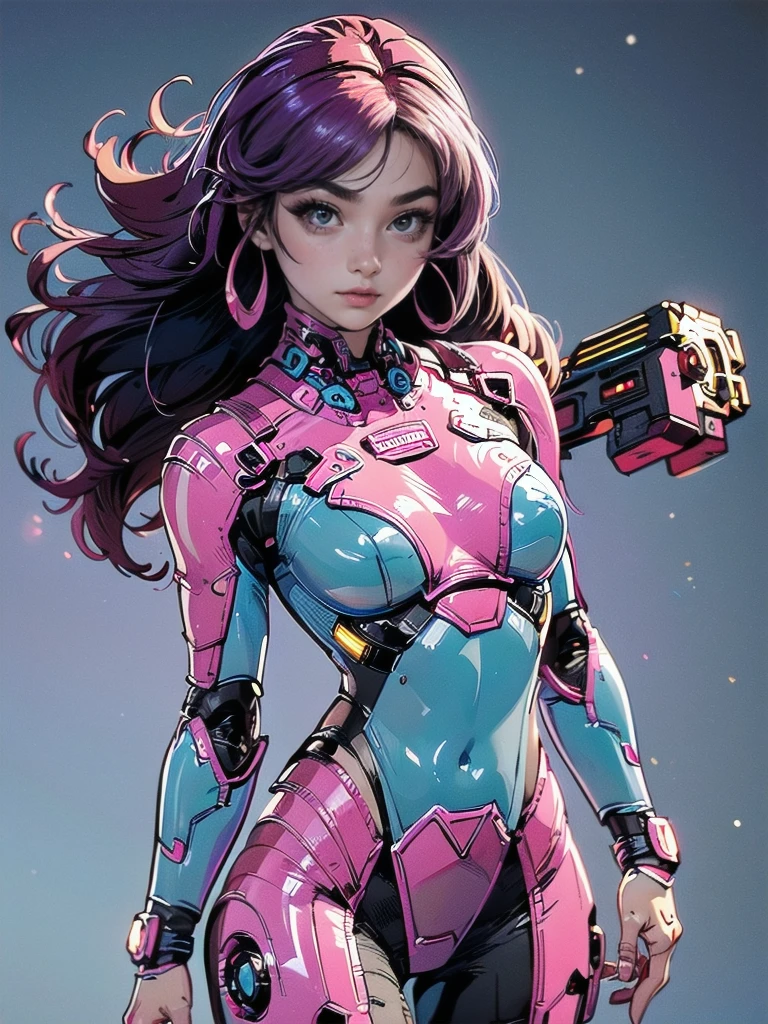 masterpiece, best quality, 1girl, solo, retro futuristic cyborgwoman, seamlessly blending mechanics and elegance. fit, small breasts, blueish skin, with magenta hair, fashion modeling pose, form fitting pastel green and pink with black colorblocking gundam suit-like-armor , happy, wild hair, humanoid face with bigger eyes and some cyberparts holding a retro futuristoc space-gun, plain background, dark colors, Anime, Cartoon, Comic Book, Concept Art