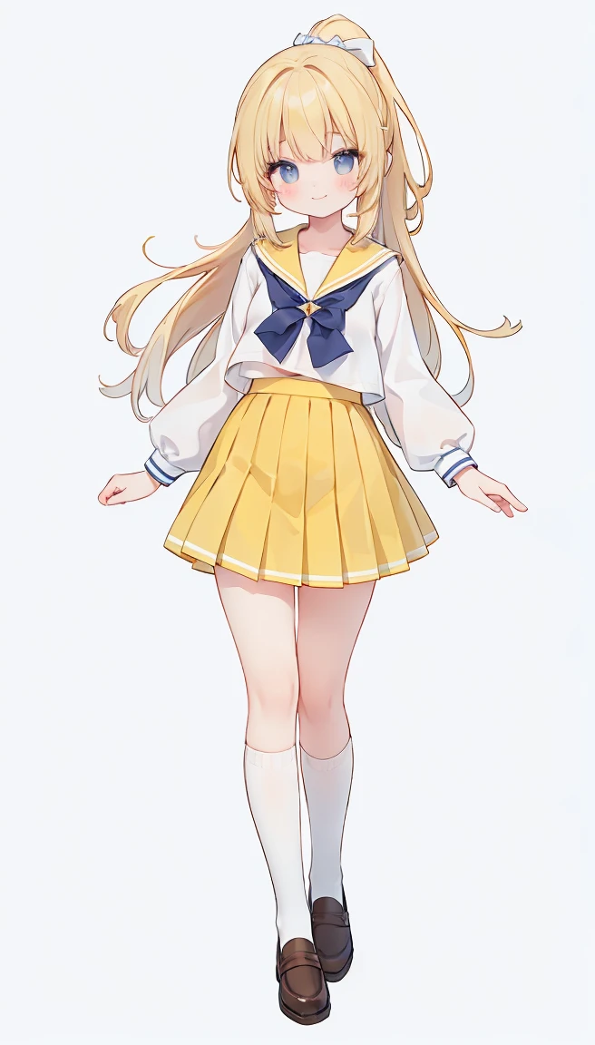 masterpiece, best quality, high resolution, 8k, white simple background, standing, ponytail, slim waist, very cute, sailor uniform, yellow skirt, knee high long socks, (Pastel Colors: 1.23), full body, gently smile