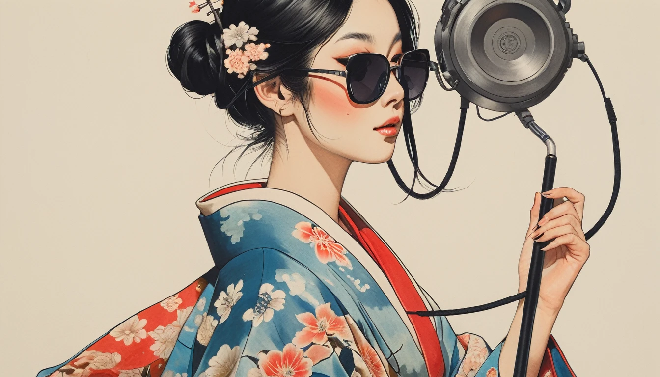 Ink Painting, (((1 girl))), (((Tattoo on face))), (((sunglasses))), (((Gorgeous kimono))), Japanese style headphones, Japanese sword, beautiful girl, Black Hair, Delicate and precise, Modern ukiyo-e style, Maid