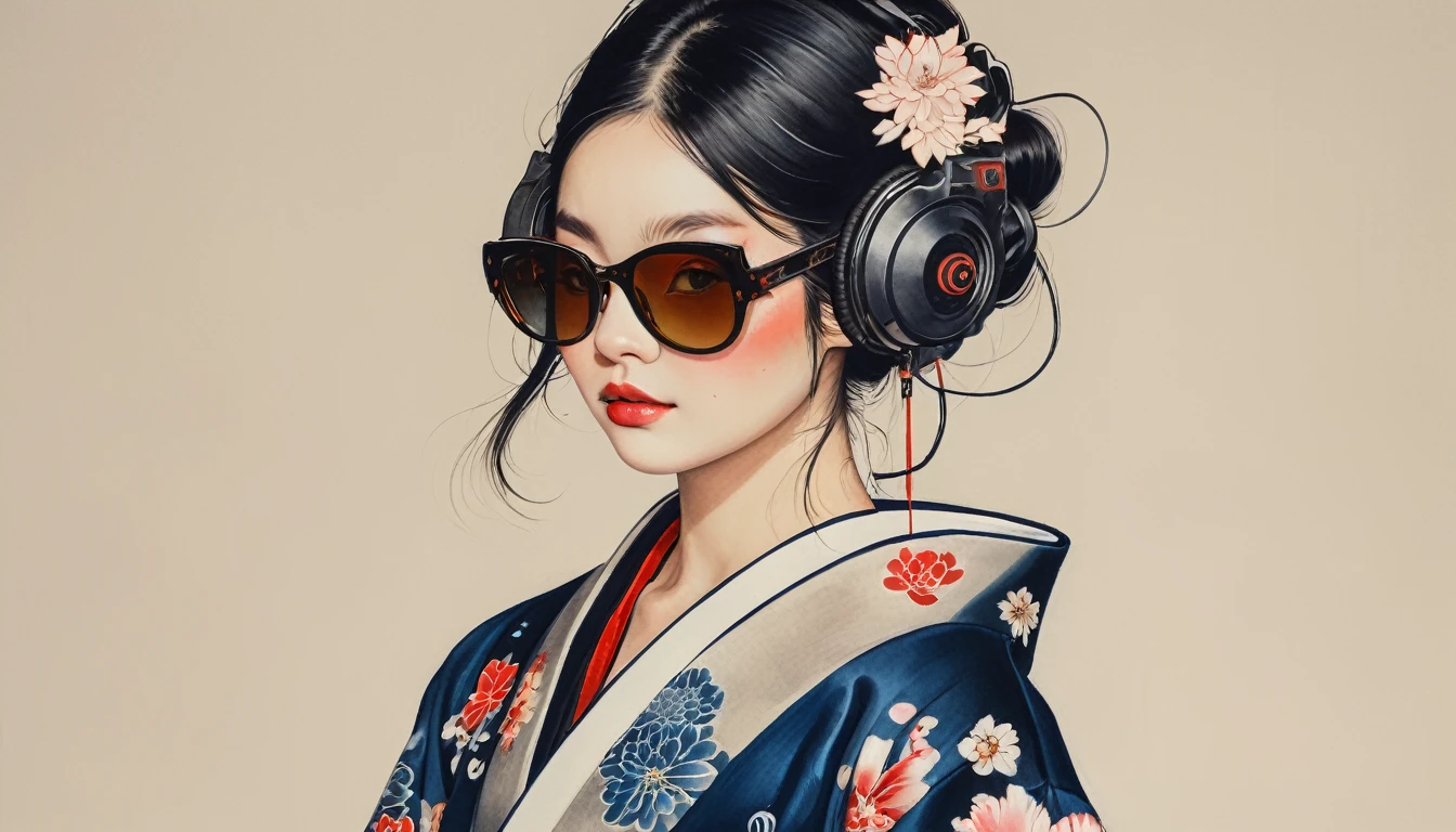 Ink Painting, (((1 girl))), (((Tattoo on face))), (((sunglasses))), (((Gorgeous kimono))), Japanese style headphones, Japanese sword, beautiful girl, Black Hair, Delicate and precise, Modern ukiyo-e style, Maid