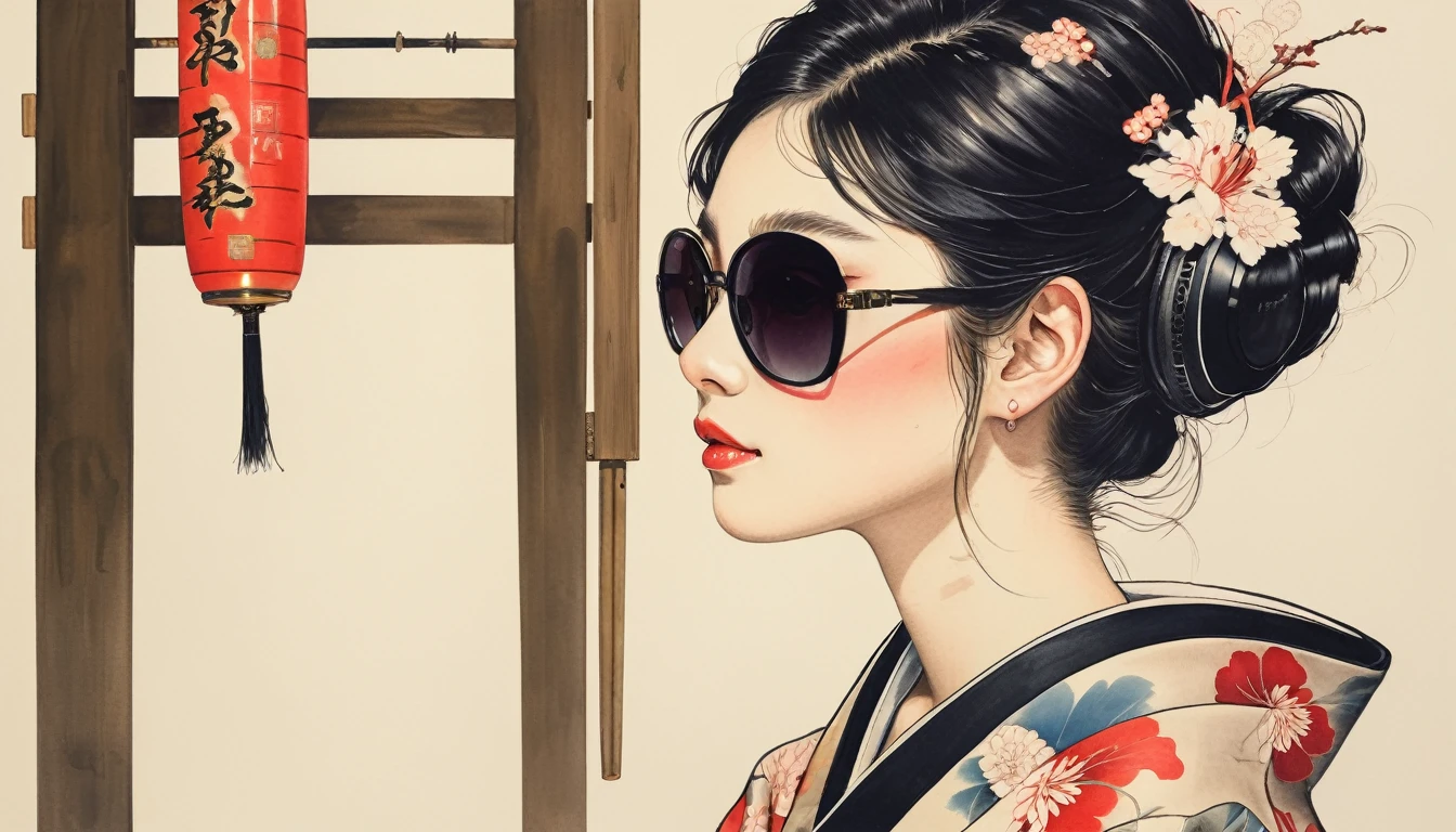 Ink Painting, (((1 girl))), (((Tattoo on face))), (((sunglasses))), (((Gorgeous kimono))), Japanese style headphones, Japanese sword, beautiful girl, Black Hair, Delicate and precise, Modern ukiyo-e style, Maid