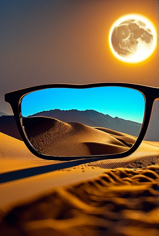 a low angle shot of a pair of sunglasses on the sand of a beach, waves in the background, full moon night, the sunglasses reflecting the moon, black and white lineart, high contrast, dramatic lighting, cinematic, minimalist, detailed texture, intricate design, moody atmosphere, photorealistic, 8k, masterpiece