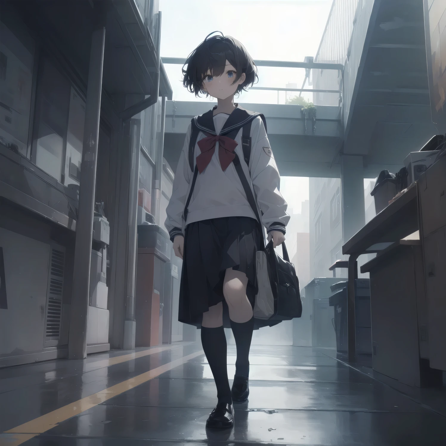 ultra-absurdres-Top quality by artist God, ultra-detailed, high resolution, anime moe artstyle, best anime 8k konachan wallpaper, pixiv contest winner, pool:2810, perfect anatomy,break, 1girl, (Please draw a girl walking sleepily to school alone. )break,(Solo,little female, 13-year-old:1.3),Full limbs, complete fingers,a junior high school student, (very short hair), short cut, flat chest, , small butt, small black eyes, beautiful detailed eyes, well-proportioned iris and pupils, expressive eyes, highres detailed hair, soft expression, salor school_uniform, sailor collar, serahuku, bow, pleated skirt,(Detailed Lighting), (Detailed background), in the School commute route. break,super detailed skin, Best cinematic lighting powered by famous artist, 8k,beauty illustration,photoshop_(medium),very aesthetic,break,((artist:gomashio_(goma_feet) )), artist:clamp ,artist:carnelian ,artist:kantoku ,