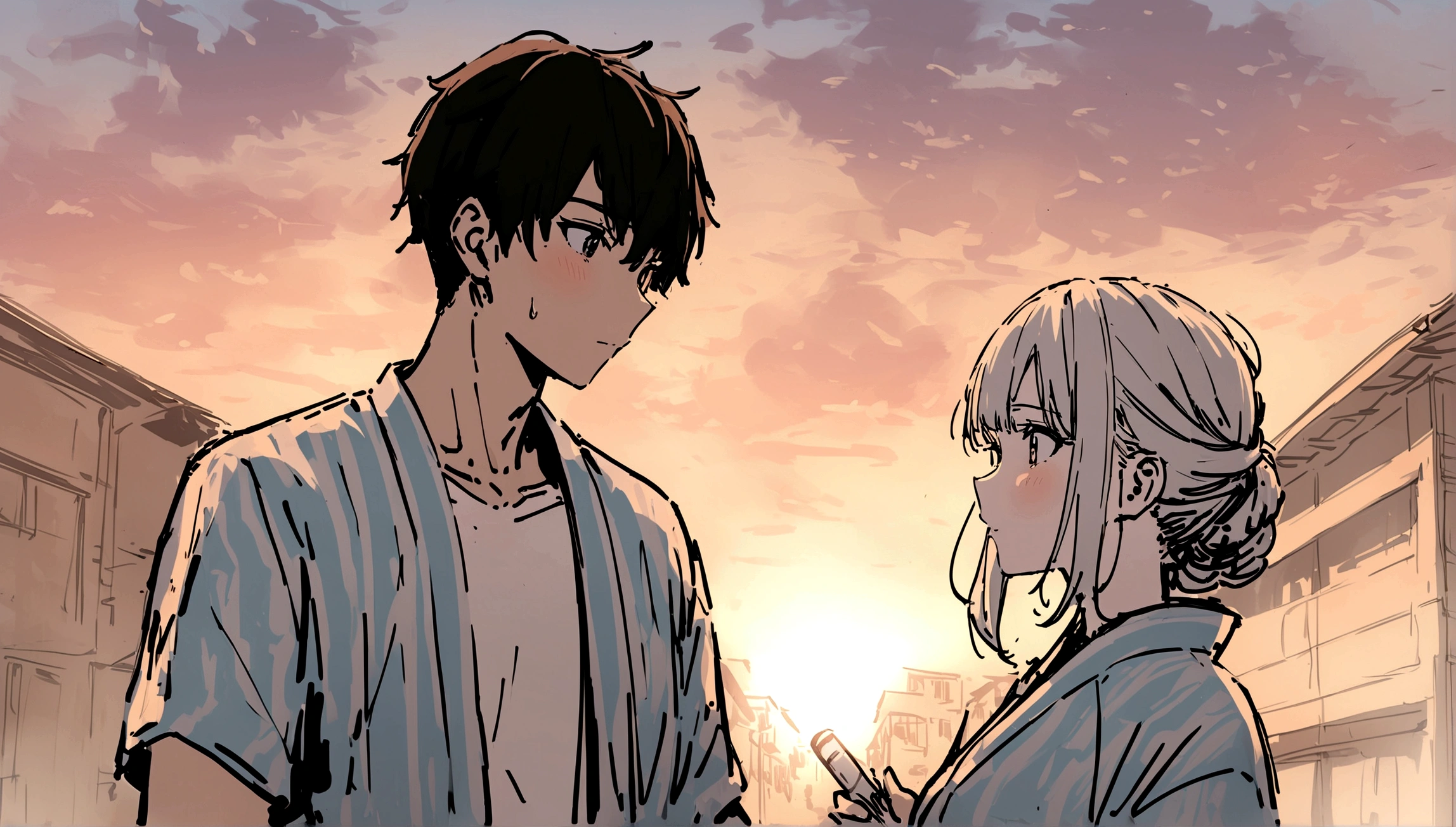 masterpiece,最high quality,Very detailed,High resolutionの背景,8K,High resolution,high quality,break,School,high school student,Summer festival,Male and female couple,yukata,Japanese manga style, sketch, Colored pencil