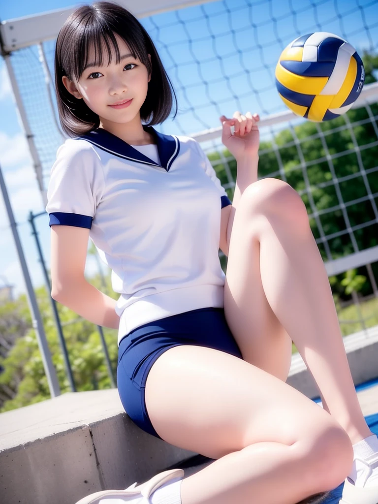 Glossy thighs、(8K、top-quality、masterpiece:1.2)、(realisitic、Photorealsitic:1.37)、ultra-detailliert、top-quality、超A high resolution、professionally lit、Photon mapping、Radio City、physically-based renderingt、Cinematic lighting、depth of fields,Focusing,Sun'rays,Good composition,,(((1 girl ))),Double eyes、(((white Volleyball uniform 、Dark blue high-leg low-rise bloomers)))、Gymnasium、A big smile、Gymnasium Court, (Tween model, 12 year oldg)), Ethereal beautiful, slim, very beautiful short hair,Colossal tits、 Toned abs, short cut hair、Soft light, ((David Hamilton Style)),