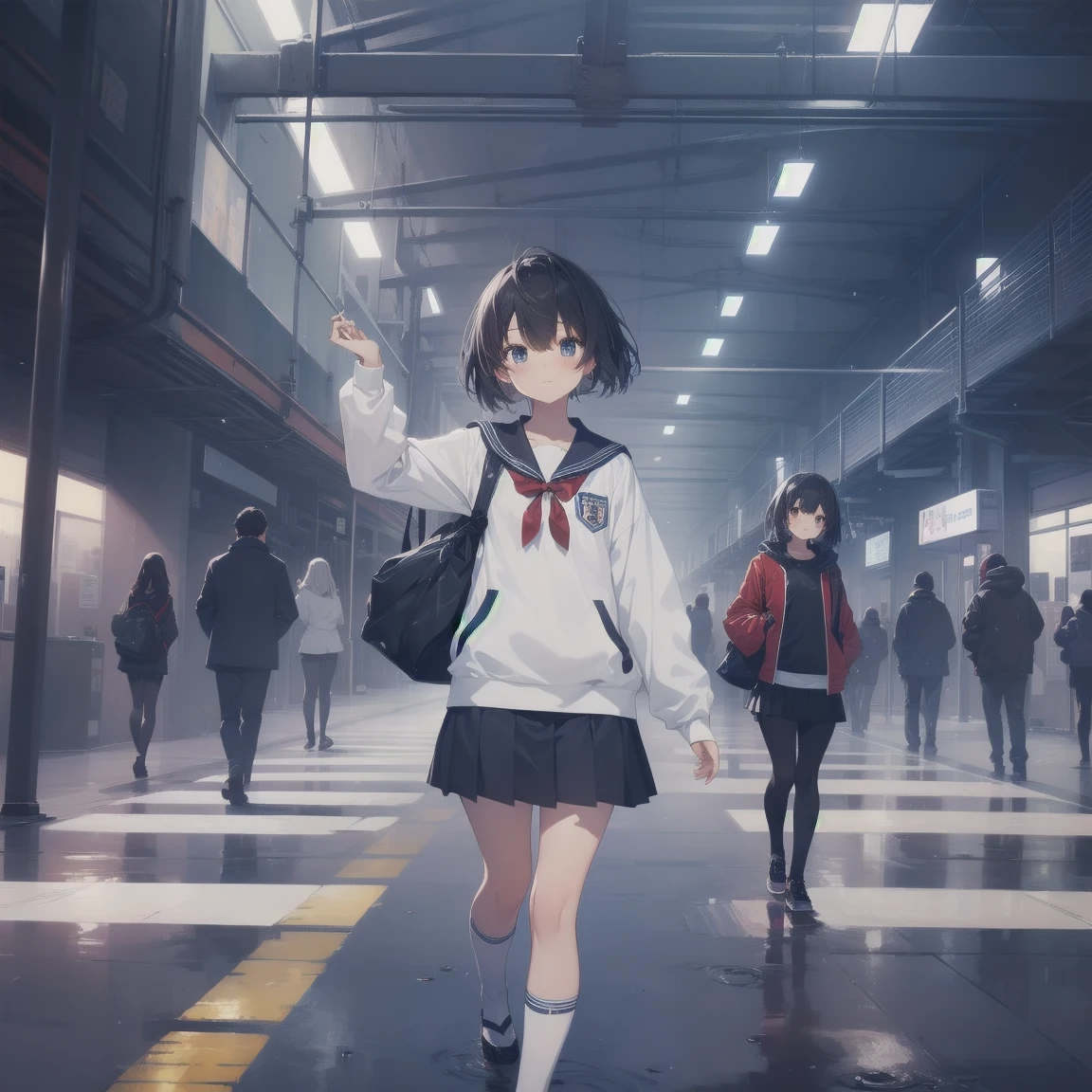 ultra-absurdres-Top quality by artist God, ultra-detailed, high resolution, anime moe artstyle, best anime 8k konachan wallpaper, pixiv contest winner, pool:2810, perfect anatomy,break, 1girl, (Please draw a girl walking sleepily to school alone. )break,(Solo,little female, 13-year-old:1.3),Full limbs, complete fingers,a junior high school student, (very short hair), short cut, flat chest, , small butt, small black eyes, beautiful detailed eyes, well-proportioned iris and pupils, expressive eyes, highres detailed hair, soft expression, salor school_uniform, sailor collar, serahuku, bow, pleated skirt,(Detailed Lighting), (Detailed background), in the School commute route. break,super detailed skin, Best cinematic lighting powered by famous artist, 8k,beauty illustration,photoshop_(medium),very aesthetic,break,((artist:gomashio_(goma_feet) )), artist:clamp ,artist:carnelian ,artist:kantoku ,
