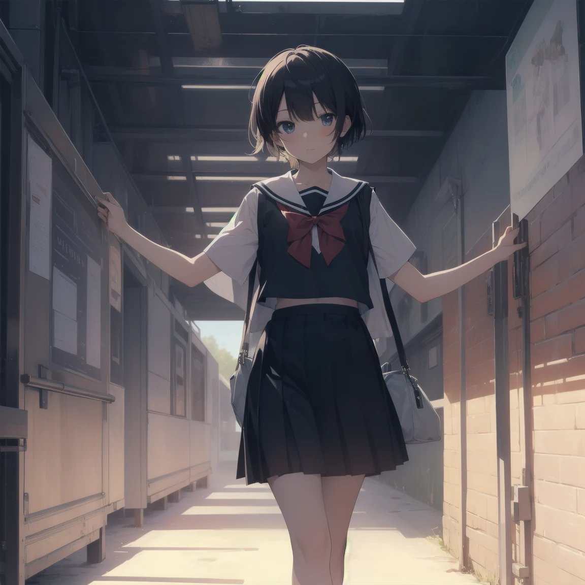 ultra-absurdres-Top quality by artist God, ultra-detailed, high resolution, anime moe artstyle, best anime 8k konachan wallpaper, pixiv contest winner, pool:2810, perfect anatomy,break, 1girl, (Please draw a girl walking sleepily to school alone. )break,(Solo,little female, 13-year-old:1.3),Full limbs, complete fingers,a junior high school student, (very short hair), short cut, flat chest, , small butt, small black eyes, beautiful detailed eyes, well-proportioned iris and pupils, expressive eyes, highres detailed hair, soft expression, salor school_uniform, sailor collar, serahuku, bow, pleated skirt,(Detailed Lighting), (Detailed background), in the School commute route. break,super detailed skin, Best cinematic lighting powered by famous artist, 8k,beauty illustration,photoshop_(medium),very aesthetic,break,((artist:gomashio_(goma_feet) )), artist:clamp ,artist:carnelian ,artist:kantoku ,