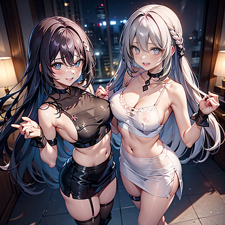 Two anime girls got tired after long day. They just want to relax and enjoy themselves. They are kissing sitting near campfire fully naked. They are masturbating each other. They have grey and brown hair. It is night time but it is not very cold. Girls have some injures and scars on their bodies. Injures are covered with bandages but still leaking blood. It is apocalyptic destroyed city on background no life life or lights in it. Camera has dynamic angle. Nude bodies. And girls are close to camera. The have blush on their faces but also they are crying from happines.4k, 8k , high detailed.
