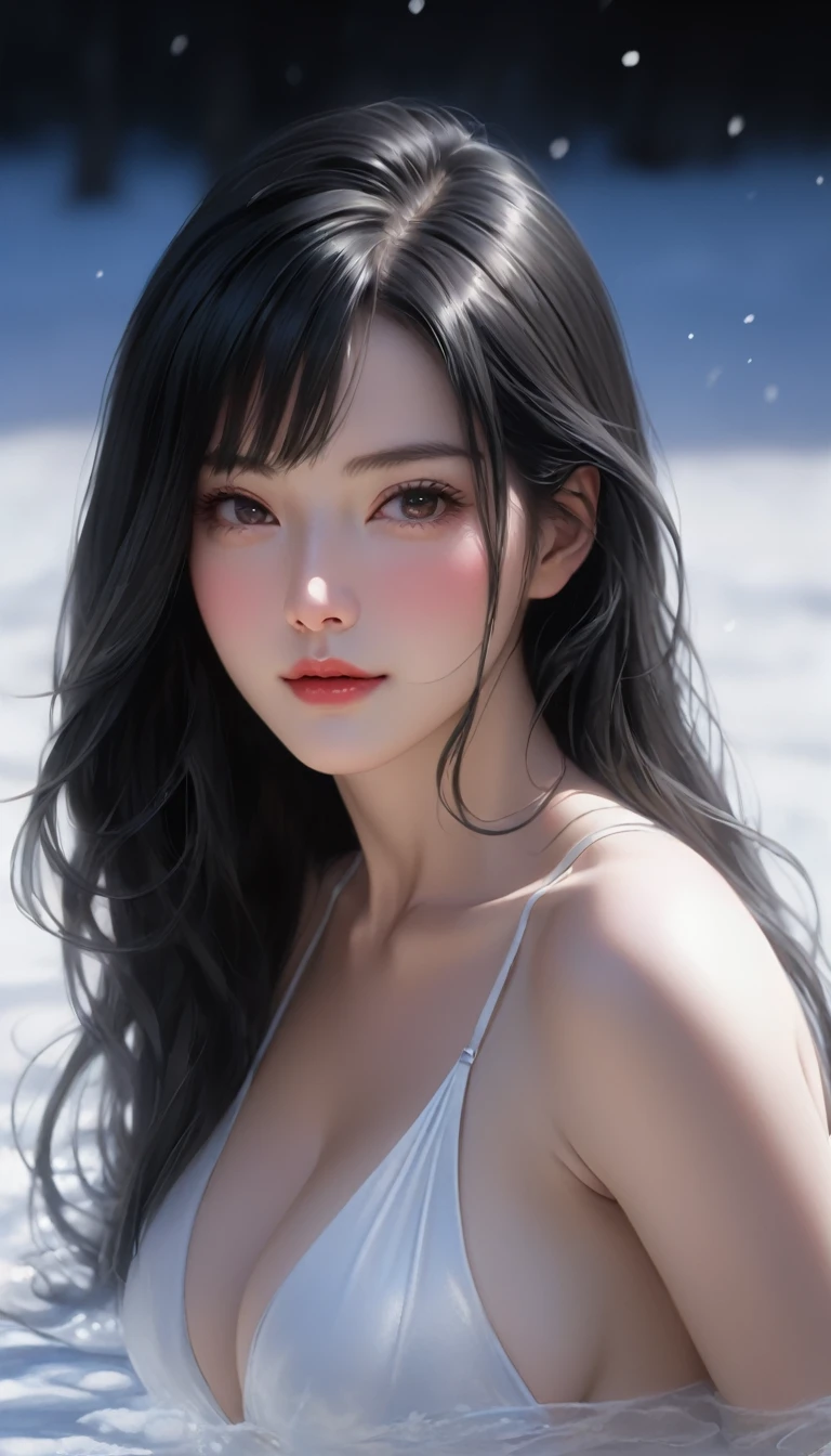 ((最大16K解像度のmasterpiece:1.6)), beautiful, Highest quality, Absolutely wonderful, high detail, Ultra-high resolution, masterpiece, Real, Realistic, The depth of the written world, Cinematic Light, 
One elegant mature woman, Long black hair, beautiful顔, Highly detailed facial expressions, Gentle expression, Transparent white skin, Very delicate skin texture, Superb proportions, Anatomically correct body,
Elegant high leg swimsuit, snow-white color, Fine fabric texture、
Black Background,
Focus on the upper body,((Close-up of face:1.5)),
