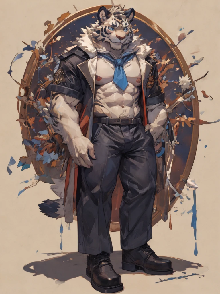 {{bara extremely handsome white tiger,}} {{white fur,}} white, wearing elegant ornate suit jacket, trousers, white dress shirt and necktie, white fluffy furry body and limbs, loafers, very tall, very broad shoulders, narrow waist, muscular arms, massive pecs, purple eyes, very long legs, massive bulge, sophisticated hot look, 3/4 view, best quality, high detail, CG image, silver earring on left ear, sultry smirk