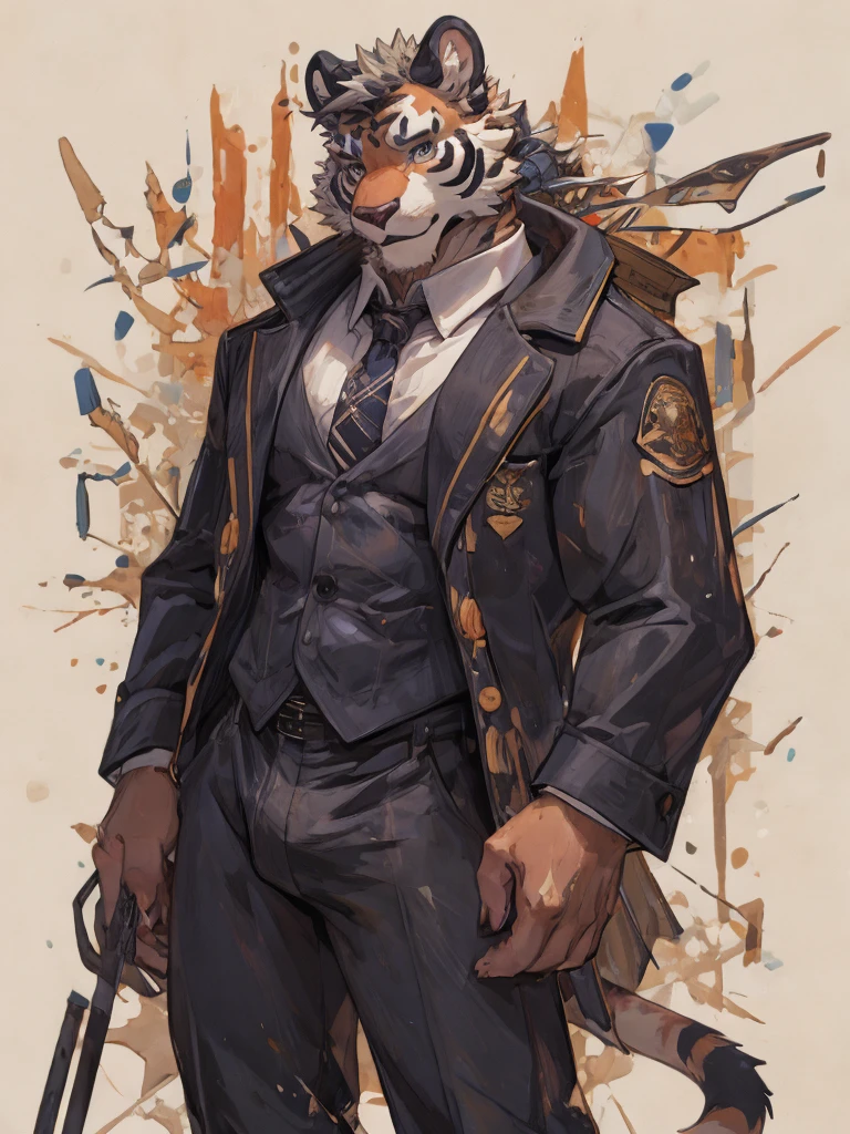 {{bara extremely handsome white tiger,}} {{white fur,}} white, wearing elegant ornate suit jacket, trousers, white dress shirt and necktie, white fluffy furry body and limbs, loafers, very tall, very broad shoulders, narrow waist, muscular arms, massive pecs, purple eyes, very long legs, massive bulge, sophisticated hot look, 3/4 view, best quality, high detail, CG image, silver earring on left ear, sultry smirk