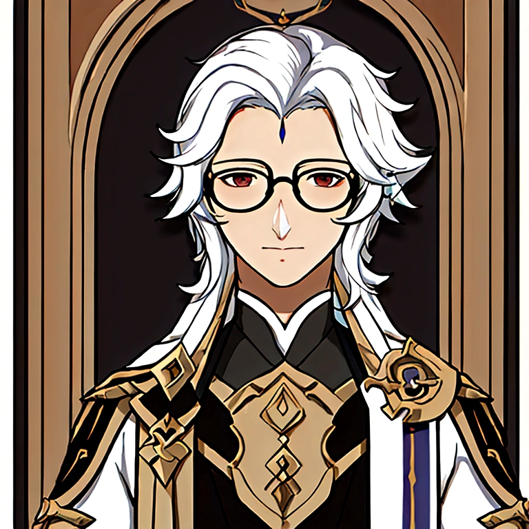 masterpiece, best quality, simple background, portrait, solo, 1man, 30 years old, long white hair, shineshal medieval clothes, glasses, fragile build