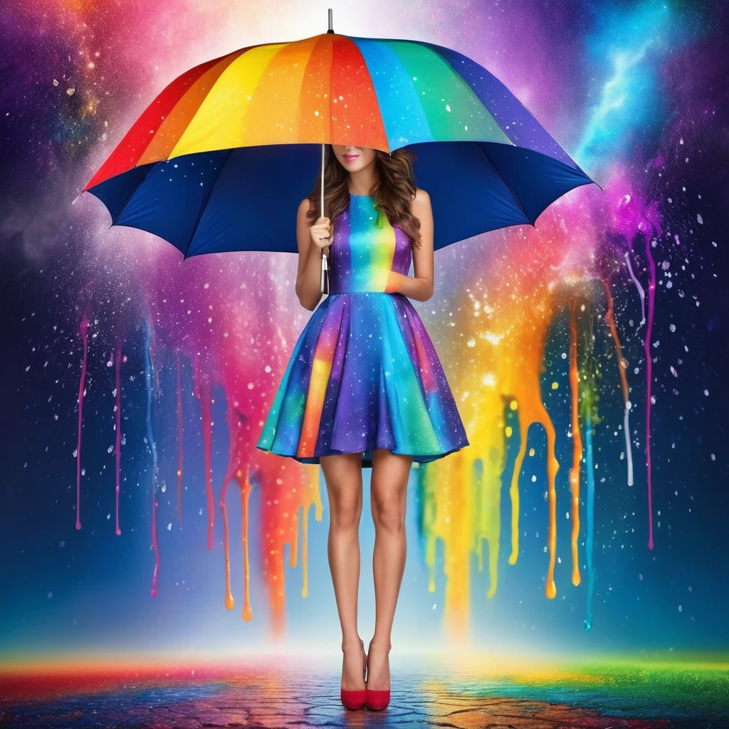 rainbow-colored dripping rain and the cosmic pattern on the dress. The female should be wearing high heels and holding a galaxy-themed umbrella. It's important that each individual color spectrum is clearly visible and that the female stands out against a vividly colored background