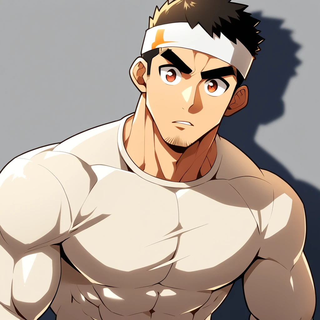 anime characters：Gyee, Muscle Sports Student, Manliness, sports headband, male focus, Cute boy with big eyes, Brown high collar long sleeve tight T-shirt, Slightly transparent material, Very tight, Round, full and perky chest muscles, Slightly transparent, muscular male, muscular, only, Upper body, alone, Black short hair, Thick eyebrows, stubble, Cute little eyes, Brown-red pupils, Grey background, simple background, amazing quality, best aesthetics, Ridiculous, crew cut, parted lips, v-shaped eyebrows, jitome, drop shadow, best quality
