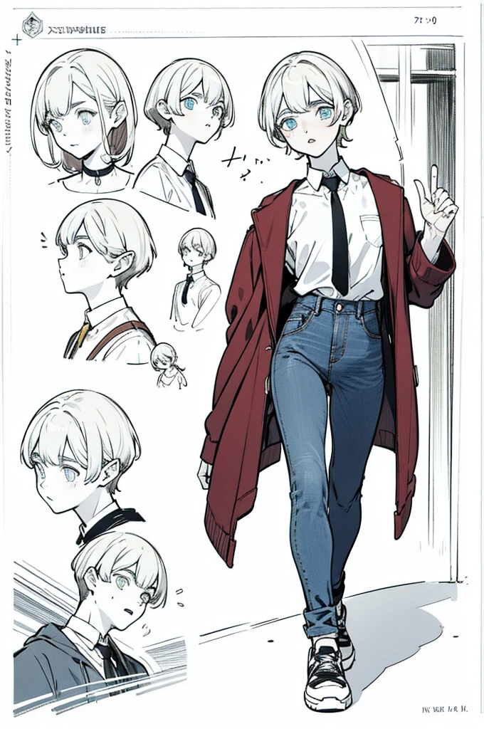 A slender young man with a tomboyish appearance is depicted in full height, wearing a burgundy shirt, a black tie, jeans, and a variety of accessories. His attire is adorned with intricate details and he is seen wearing black sneakers.
The character's artwork includes several poses and expressions. Below are images of the character from various angles: front, back, and side views. This same character appears several times throughout the piece.
In the background, there are several instances of this character, each with brown pixie-cut hair and shaggy features. The eyebrows are well-groomed and brown, while the eyes are large and blue, giving the face a unique appearance. The nose has a smooth, Greek-inspired shape, and the lips are full and fair.
The illustrations are of high quality, featuring detailed drawings. The face appears clean and well-kept, with five perfectly formed fingers. Inscriptions and text are included in the background to enhance the overall aesthetic of the artwork.