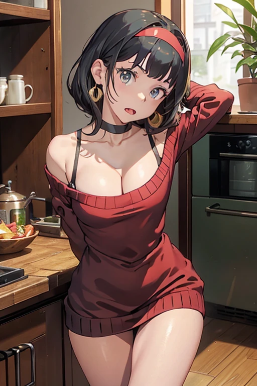 masterpiece, yor, 1girl, Bust A Cup, Amazing Cleavage:1.1, thin waist, big ass, Raised sexy, small breast: 1.1 posed cleavage:1.2、solo, looking at viewer, open mouth, have a cute grass of cute beergrass,black hair, dark green eyes, dress, bare shoulders, jewelry, collarbone, sidelocks, hairband, earrings, indoors, off shoulder, :o, sweater, arms behind back, plant, short hair with long locks, gild hairband, off-shoulder dress, sweater dress, off-shoulder sweater, red sweater, dark gord hair, big side hair, very long side hair,is rendered in (masterpiece: 1.2, best quality), with (ultra high resolution) and an exquisite (depth of field). This masterpiece is not only visually stunning but also tells,A scene of cooking in the kitchen
