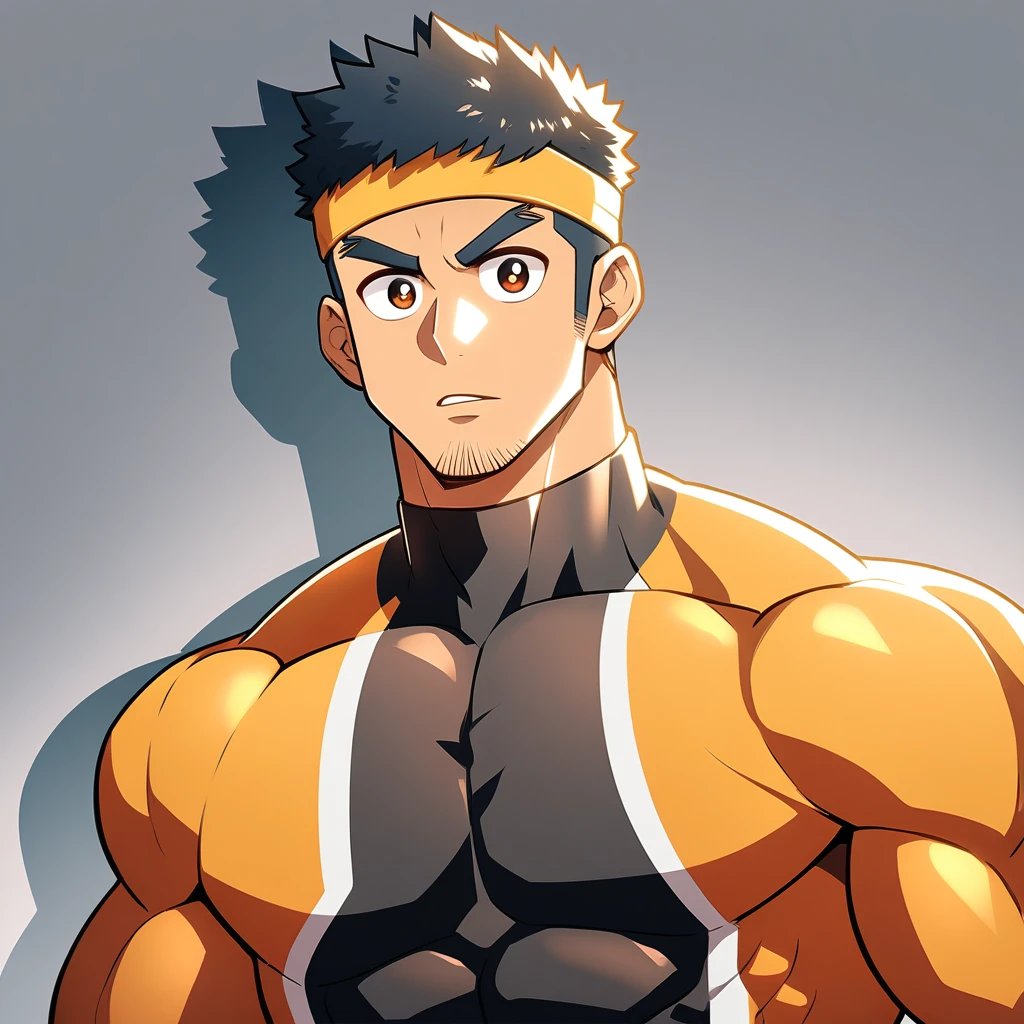 anime characters：Gyee, Muscle Sports Student, Manliness, sports headband, male focus, Cute boy with big eyes, Brown high collar long sleeve tight T-shirt, Slightly transparent material, Very tight, Round, full and perky chest muscles, Slightly transparent, muscular male, muscular, only, Upper body, alone, Black short hair, Thick eyebrows, stubble, Cute little eyes, Brown-red pupils, Grey background, simple background, amazing quality, best aesthetics, Ridiculous, crew cut, parted lips, v-shaped eyebrows, jitome, drop shadow, best quality