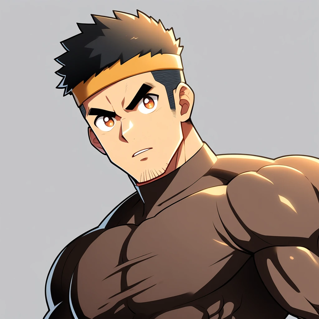 anime characters：Gyee, Muscle Sports Student, Manliness, sports headband, male focus, Cute boy with big eyes, Brown high collar long sleeve tight T-shirt, Slightly transparent material, Very tight, Round, full and perky chest muscles, Slightly transparent, muscular male, muscular, only, Upper body, alone, Black short hair, Thick eyebrows, stubble, Cute little eyes, Brown-red pupils, Grey background, simple background, amazing quality, best aesthetics, Ridiculous, crew cut, parted lips, v-shaped eyebrows, jitome, drop shadow, best quality