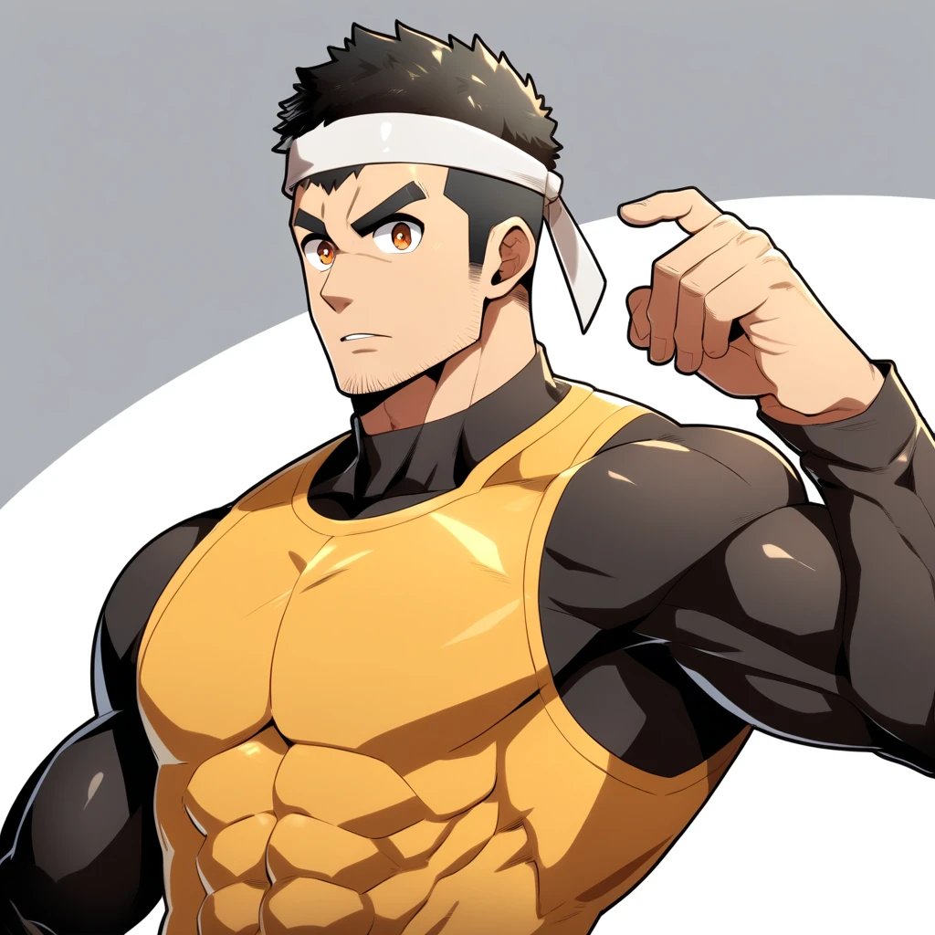 anime characters：Gyee, Muscle Sports Student, Manliness, sports headband, male focus, Cute boy with big eyes, Brown high collar long sleeve tight T-shirt, Slightly transparent material, Very tight, Round, full and perky chest muscles, Slightly transparent, muscular male, muscular, only, Upper body, alone, Black short hair, Thick eyebrows, stubble, Cute little eyes, Brown-red pupils, Grey background, simple background, amazing quality, best aesthetics, Ridiculous, crew cut, parted lips, v-shaped eyebrows, jitome, drop shadow, best quality