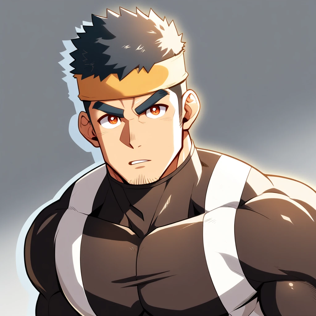 anime characters：Gyee, Muscle Sports Student, Manliness, sports headband, male focus, Cute boy with big eyes, Brown high collar long sleeve tight T-shirt, Slightly transparent material, Very tight, Round, full and perky chest muscles, Slightly transparent, muscular male, muscular, only, Upper body, alone, Black short hair, Thick eyebrows, stubble, Cute little eyes, Brown-red pupils, Grey background, simple background, amazing quality, best aesthetics, Ridiculous, crew cut, parted lips, v-shaped eyebrows, jitome, drop shadow, best quality